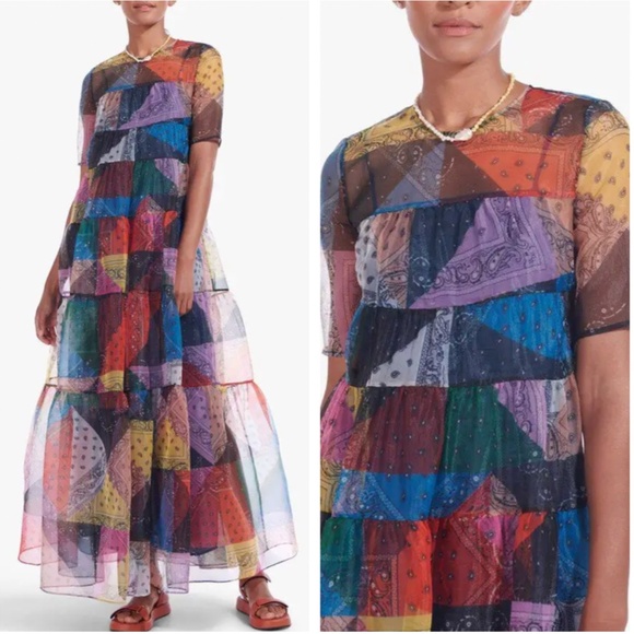 RARE NWT STAUD Hyacinth Maxi Dress - Patchwork Bandana Rainbow Colorful Block - Picture 3 of 10